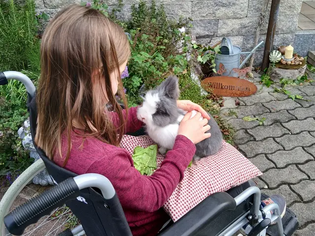 - © Meisterbauernhof Kind von Hinten im Rollstuhl fotografiert, sie streichelt einen Hasen.